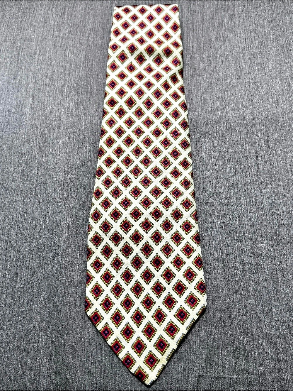 Vintage 1970s Italian Silk Tie Wide 4.75” Geometric Diamond Retro Red Cream